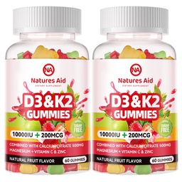 Natures Aid Sugar-free Βιταμίνη D3 K2 Gummies με Ασβέστιο + K2 (MK-7), Μαγνήσιο Κιτρικό, Βιταμίνη C, Επιπλέον Δύναμη - Τελική Απορρόφηση για τα Οστικά Μυϊκά Δόντια Ανοσοποιητικό, Vegan - 120 Gummies
