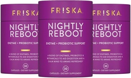 FRISKA Nightly Reboot Enzyme και Probiotics συμπλήρωμα, προωθεί την καλύτερη πέψη και τον ύπνο, υποστηρίζει την υγεία των ούλων για άνδρες και γυναίκες, μελατονίνη, χαμομήλι, 90 κάψουλες
