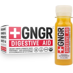 +GNGR Digestive Aid Βιολογικά Ginger Shots με προβιοτικά, Gut Health, Colon Cleanse, Bloating Relief, Gut Detox, Ανοσία Shots με Ginger Juice, Turmeric, Black Pepper. (2 Oz, πακέτο των 12)