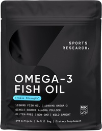 Sports Research Triple Strength Omega 3 Fish Oil - Burpless Fish Oil Supplement w/EPA & DHA Λιπαρά Οξέα από το Wild Alaskan Pollock - Heart, Brain & Immune Support for Men & Women - 1250 mg, 240 ct