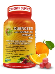 Quercetin με Bromelain Βιταμίνη C και ψευδάργυρο Εμπλουτισμένο με Βιολογικά Ολόκληρα Τρόφιμα - 1215mg ανά Σερβίρισμα - Quercetin Phytosome 500mg Κάψουλες με Ginger και Flavonoids για Ανοσολογική Υποστήριξη - 120 Count