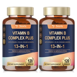 13-σε-1 Vitamin B Complex Plus με Βιταμίνη B1, B2, B3 (Niacin), B4, B5, B6, B7 (Biotin), B8 (Inositol), B9 (Folate), B12, C, D3, K2 για Ενέργεια, Νεύρο, Ανοσοποιητικό, Δέρμα - 120 Caps ανά Φιάλη - 2 Φιάλες
