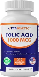 Vitamatic Follic Acid 1000 mcg (1 mg) - Veισκία χορτοφάγων - 1667 mcg DFE - Βιταμίνη Β9 (240 Count (Pack of 1))