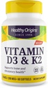 Healthy Origins Βιταμίνη D3 & K2 - Βιταμίνη D3, 50 mcg - Βιταμίνη K2, 200 mcg - Εύκολα απορροφήσιμη Βιταμίνη D & Βιταμίνη K Συμπληρώματα - Μη ΓΤΟ & Χωρίς Γλουτένη - 60 Softgels