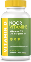 Noor Vitamins Halal Vitamin D, Halal Vitamin D3, 5000 IU Softgels, Υποστηρίζει την υγεία των οστών, του ανοσοποιητικού και της καρδιάς, από το λάδι Safflower να μεγιστοποιήσει την απορρόφηση, μη-GMO, χωρίς γλουτένη & halal (60...