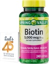 Spring Valley Biotin 5000 mcg 240 Count, Συμπλήρωμα διατροφής για τα νύχια του δέρματος μαλλιών, Βιταμίνες μαλλιών για την απώλεια μαλλιών για τις γυναίκες Bundle με 45 διαβήτη αποκωδικοποιημένες
