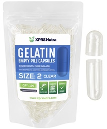 XPRS Nutra Μέγεθος 2 Κενές κάψουλες - 100 Clear Clear Empty Gelatin Κάψουλες - Χάπια DIY Καψάκιο Γέμισμα - Καθαρά καπάκια τζελ Μπόβιν Χάπια για το Do-It-Yourself Συμπληρώματα