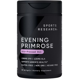 Sports Research Evening Primrose Supplement from Cold Pressed Oil - Softgels for Women’s Health & Skin Health - Gluten Free & Non-GMO GLA - Υψηλή ισχύς 1300mg, 30 Count
