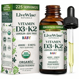 LiveWise Naturals Βρεφική Βιταμίνη D3-K2 Υγρό Συμπλήρωμα, Σταγόνες Βιταμίνης για Βρέφη και Τοντλερς, για Υγιεινή Ανάπτυξη, Ανάπτυξη και Καθημερινή Ευεξία, Εύκολο στη Χρήση Σταγονόμετρο σε Γυάλινο Μπουκάλι, 1 Fl Oz