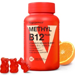 Vitamin B12 D3 Vegan Gummies - 90 Count I 1000 MCG Methyl B12 & 5000 IU Vitamin D Gummy Chewable Συμπληρώματα για Ενήλικες & Παιδιά - Ανοσοποιητική Υγεία & Καθημερινή Ενίσχυση - Μη ΓΤΟ, Πορτοκαλί