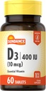 Sundance Vitamin D3 400 IU (10 mcg) | 60 Vegetarian Tablets | Essential Vitamin Supplement | Vegetarian, Non-GMO, and Gluten Free Formula