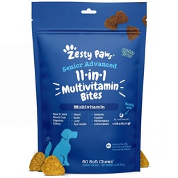 Zesty Paws Senior Dog Multivitamin Treats - Γλυκοζαμίνη για σκύλους + Digestive Enzymes & Probiotics - Βιταμίνες χωρίς σιτηρά και συμπληρώματα για το δέρμα & παλτό + Ανοσοποιητικό κοτόπουλο υγείας - Advanced - 60ct