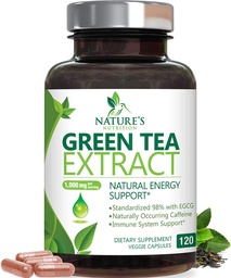 Κάψουλες εκχύλισμα πράσινου τσαγιού 1000mg 98% Standardized EGCG - 3X Δύναμη για Φυσική Ενέργεια - Υποστήριξη καρδιάς με Πολυφαινόλες - Απαλή καφεΐνη - 120 κάψουλες
