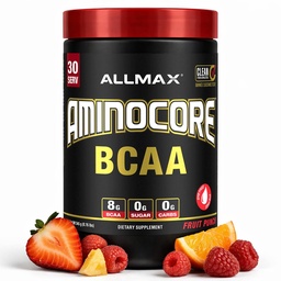 ALLMAX Διατροφή AMINOCORE BCAA Σκόνη, 8,18 γραμμάρια αμινοξέων, Ενδο- και μετά την προπόνηση ανάκτησης ποτών, χωρίς γλουτένη, Punch φρούτων, 315 g
