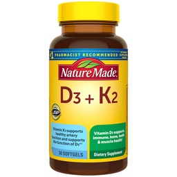 Nature Made Vitamin D3 K2 Supplement, 5000 IU (125 mcg) Βιταμίνη D για οστά, δόντια, μύες και ανοσοποιητική υποστήριξη, 30 D3 και K2 Softgels, 30 ημέρες προσφοράς