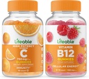 Ζωοποιήσιμη βιταμίνη C 750mg + Βιταμίνη B12, Gummies Bundle - Μεγάλη γεύση, συμπλήρωμα βιταμίνης, χωρίς γλουτένη, χωρίς ΓΤΟ, Μασώμενη Gummy