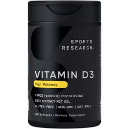 Sports Research Βιταμίνη D3 1000iu (25mcg) Εμπλουτισμένη με λάδι καρύδας ~ Ανοσοποιητική & Οστική Υποστήριξη ~ Μη ΓΤΟ Επαληθευμένο, Χωρίς σόγια & Γλουτένη (360 Mini Liquid Softgels)