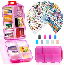14 Grids Travel Pill Organizer Box με 415-PCs Medicine Name Labels - Pocket Daily Pharmacy Case Container Kit - Travel Medication Holder Dispenser for Fish Oil Supplement Storage - Καθαρό ροζ