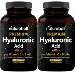 NatureBell 2 Pack Plant Based Hyaluronic Acid Supplements 250mg with 25mg Vitamin C & Biotin 5000mcg, 480 Total Capses 