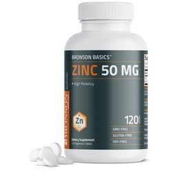 Bronson ψευδάργυρος 50 MG Υψηλή ισχύς υποστηρίζει την υγεία του δέρματος - μη ΓΤΟ, 120 χορτοφαγικά δισκία
