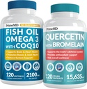 4-in-1 Fish Oil Omega 3 Supplements (2100mg) - Omega 3 Fish Oil with Vitamins D3 & K2 and CoQ10 & 28-in-1 Quercetin with Bromelain Supplement for Daily Immune Defense Support (120ct)