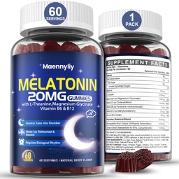 Μελατονίνη 20mg Gummies για ενήλικες - Ζάχαρη Χωρίς Μελατονίνη Gummies Επιπλέον δύναμη με L-Θεανίνη, Μαγνήσιο, Ashwagandha, Κουρκουμάς, D3 & Ψευδάργυρος - Μη-Habit Forming