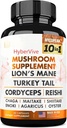 Mushroom Supplement 10x Complex - Lions Mane, Turkey Tail, Cordyceps, Reishi, Chaga, Maitake, Shiitake, Oyster Extract Μανιτάρια - Nootropic Brain Support Supplies for Memory and Focus