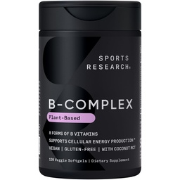 Sports Research® Vitamin B-Complex - Full Spectrum των βιταμινών Β με μεθυλιωμένο B12 & Folate - Χωρίς γλουτένη · Plant-Based · Non-GMO · Vegan-Friendly Formula - 120 Veggie Softgels