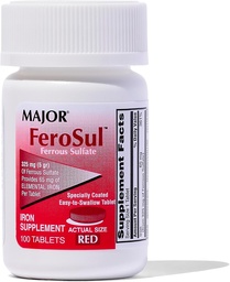 Major Ferosul - Σιδήρου Sulfate 325mg δισκία με 65mg στοιχειώδους σιδήρου - Συμπλήρωμα σιδήρου για γυναίκες, άνδρες - κόκκινο - 100 κόμης