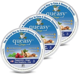 Τρεις Lolies Queasy Drops - Ανακούφιση από Nausea & Travel Ασθένεια - Ανακουφίζει ένα ξηρό στόμα και τακτοποιεί το στομάχι - Φυσικά συστατικά - 4 Γεύσεις - 21ct (πακέτο των 3)