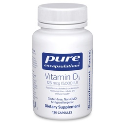 Pure Encapsulations Βιταμίνη D3 125 mcg (5,000 IU) - Συμπλήρωμα Υποστήριξης Οστών, αρθρώσεων, μαστού, καρδιάς, παχέος εντέρου και ανοσοποιητικής υγείας* - με βιταμίνη D - 120 κάψουλες