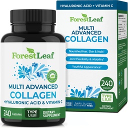 ForestLeaf Multi Collagen Pills - Collagen Men & Collagen Women - Υδρολυμένα Συμπληρώματα Κολλαγόνου με Βιταμίνη C & Υαλουρονικό Οξύ - Καψάκια Κολλαγόνου για Μαλλιά, Δέρμα & Καρφιά (240 Peptide Capsules)