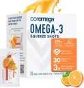 Coromega Omega 3 Fish Oil Συμπλήρωμα, 650mg Ωμέγα-3s με 3X Καλύτερη απορρόφηση από Softgels, Πορτοκαλί Γεύση, 30 Single Serv Squeeze Packets