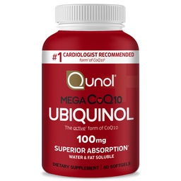 Qunol Ubiquinol CoQ10 100mg Softgels, Mega Ubiquinol 100mg - Ανώτερη απορρόφηση - Ενεργή μορφή του συνένζυμου Q10 για την υγεία της καρδιάς & υγιή επίπεδα αρτηριακής πίεσης - 2 Μήνες προσφοράς - 60 Μέτρα