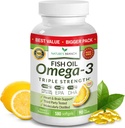 Best Triple Strength Omega 3 Fish Oil Χάπια - 180 κάψουλες - 2400mg Υψηλή ισχύς Burpless Lemon Flavor 864mg EPA 576mg DHA Ultra Pure Liquid Softgels for Brain Joints Eyes Heart Health Supplement