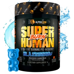 ALPHA LION Superhuman Burn – 2 in 1 Μεταβολισμός Booster Προ προπόνηση και θερμογόνος καύση λίπους για τους άνδρες – Όρεξη Καταπραϋντικό και συμπλήρωμα απώλειας βάρους (21 εξυπηρετούν, Blue Gummy Bear Γεύση)