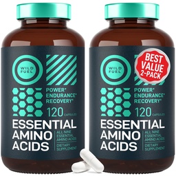 WILD FUEL Essential Amino Acids Supplement for Women and Men - All 9 BCAAs Amino Acid Complex for Power and Recovery - EAA Lysine, Tryptophan, Isoleucine - 2 Pack 240 Vegan BCAA Κάψουλες