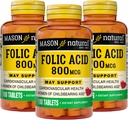 MASON NATURAL Folic Acid 800 mcg - Βοηθά τη λειτουργία του νευρικού συστήματος, ημερήσιο συμπλήρωμα για την υγεία, διάθεση και προγεννητική φροντίδα, για γυναίκες σε αναπαραγωγική ηλικία, 100 δισκία (πακέτο των 3)