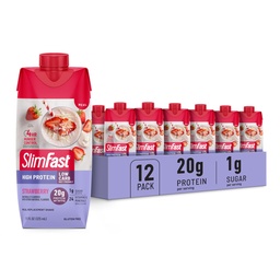 SlimFast Protein Shake, Strawberry- 20g Protein, Αντικατάσταση γεύματος Shake Ready to Drink, High Protein with low Carb and low Sugar, 24 Βιταμίνες και Ορυκτά, 12 Count (Pack of 1) (Packing May Vary)