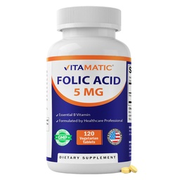 Vitamatic Folic Acid 5mg (5000 mcg) – 120 χορτοφαγικά δισκία Υψηλής Ικανότητας Βιταμίνης B9 (Folate) για Κυτταρική Υγεία, Υποστήριξη Καρδιάς & Προγεννητική Φροντίδα