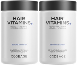 Codeage Βιταμίνες μαλλιών 10000 mcg Βιοτίνη, Κερατίνη, Κολλαγόνο, Βιταμίνη Α, B12, C, D3, E, Ψευδάργυρος, Κουρκουμάς, Προβιοτικά, Ένζυμα, Ινοσιτόλη - Υποστήριξη για την περιποίηση των μαλλιών - Υγιή χάπια συμπλήρωμα μαλλιών - 2 Pack