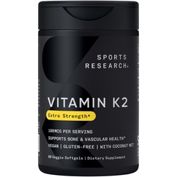 Sports Research Βιταμίνη K2 MK7 180mcg με λάδι καρύδας - 60 Veggie Softgels - Vegan Certified, Μη ΓΤΟ Επαληθευμένο & Χωρίς Γλουτένη