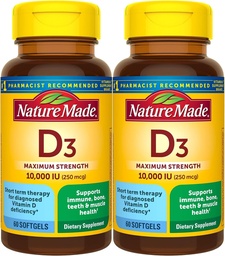 Nature Made Maximum Strength Vitamin D3 10000 IU (250 mcg), Συμπλήρωμα διατροφής για τα οστά, τα δόντια, τους μυς και το ανοσοποιητικό υγεία υποστήριξη, 60 Softgels, 60 ημέρα προσφοράς - πακέτο των 2