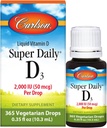 Carlson - SuperDaily D3, σταγόνες βιταμίνης D, 2.000 IU ανά Σταγόνα, 1-Ετος Προμήθεια, βιταμίνη D3 Υγρή, Καρδιά & Ανοσοποιητική Υγεία, Χορτοφαγική, Υγρή βιταμίνη D Σταγόνες, Άγευστη, 365 σταγόνες
