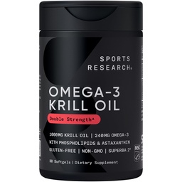 Αθλητική Έρευνα Krill Oil Συμπλήρωμα με EPA & DHA Omega 3, Φωσφολιπίδια & Ασταξανθίνη από την Ανταρκτική Krill - Υψηλότερη συγκέντρωση Krill Oil για άνδρες & γυναίκες - 1000mg, 30 κάψουλες Softgel