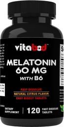 Μελατονίνη 60 mg με Βιταμίνη Β6 – 120 Δισκία ταχείας διάλυσης Extra- Strength Sleep Support – Χωρίς φάρμακα – Φυσικό Εσπεριδοειδές Γεύση – Χορτοφαγική, Μη ΓΤΟ, Χωρίς Γλουτένη