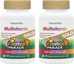 NaturesPlus Ζωική Παρέλαση Χρυσό Παιδική Πολυβιταμίνη - Ποικιλόμορφο Κεράσι, Πορτοκαλί & Γεύσεις Σταφυλιού - 60 Μασώμενα Δισκία, Συσκευασία 2 - Χορτοφαγικά, Χωρίς Γλουτένη - 60 Σύνολο Σερβιέτες