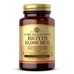 Solgar Biotin 10.000 mcg, 60 κάψουλες λαχανικών - Ενέργεια, Μεταβολισμός, Προωθεί υγιή δέρμα, νύχια & μαλλιά - Σούπερ υψηλή δραστικότητα - μη-GMO, Vegan, Χωρίς γλουτένη, χωρίς γαλακτοκομικά, Kosher - 60 Σερβιέτες