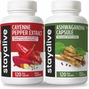 STAY ALIVE Καγιέν και Ashwagandha Bundle w/Black Pepper Extract Capsules, 240 Vegan Pills, Non-GMO & Gluten Free Ashwagandha Cayenne Pepper Συμπλήρωμα