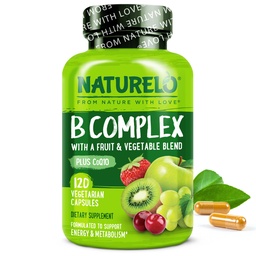 NATURELO Vitamin B Complex,120 Κάψουλες, Vegan, CoQ10, Φολικό μεθύλιο, Βιοτίνη, Φρούτα & Veg Blend, Υποστηρίζει την ενέργεια και την υγιή αντίδραση στρες, Super B Σύμπλεκτες βιταμίνες για γυναίκες και άνδρες